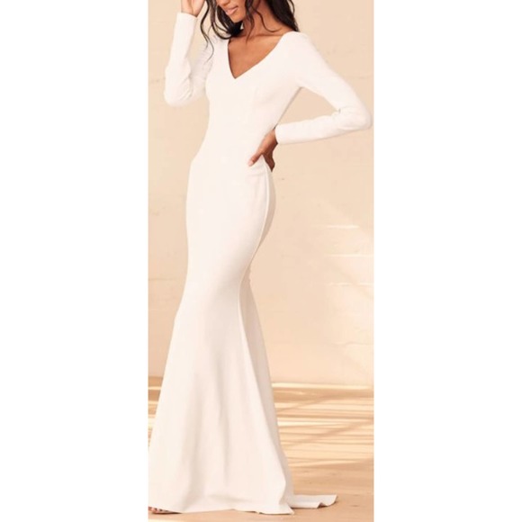 LULU'S Sz L Feeling of Forever White Long Sleeve Mermaid Bridal Maxi Dress B147 - Picture 1 of 9